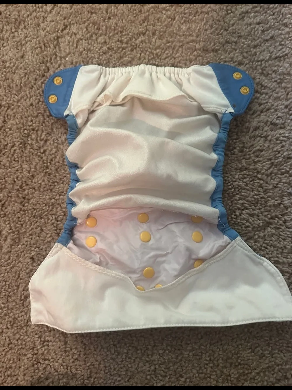 BumGenius White Diaper Cover with Blue Trim and Yellow Snaps
